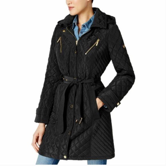 MICHAEL Michael Kors Quilted Belted Coat in Black Small - Picture 1 of 15